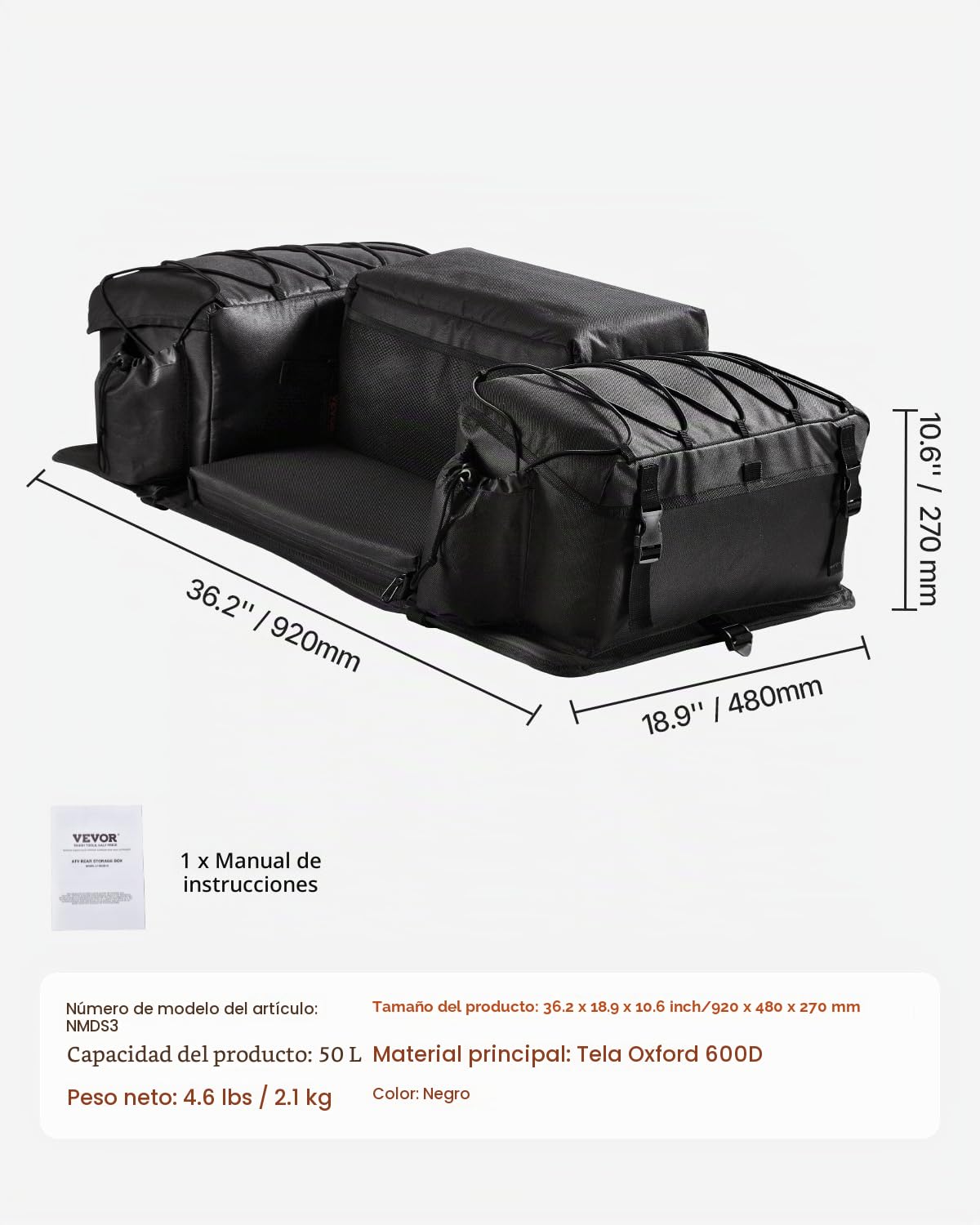 VEVOR Bolsa de Almacenamiento Trasera para ATV, 50 L con Cojín de Asiento de Esponja y Soporte para Botella, de Tela Oxford 600D, Compatible con ATV, UTV, Vehículo Can-Am, 920 x 480 x 270 mm