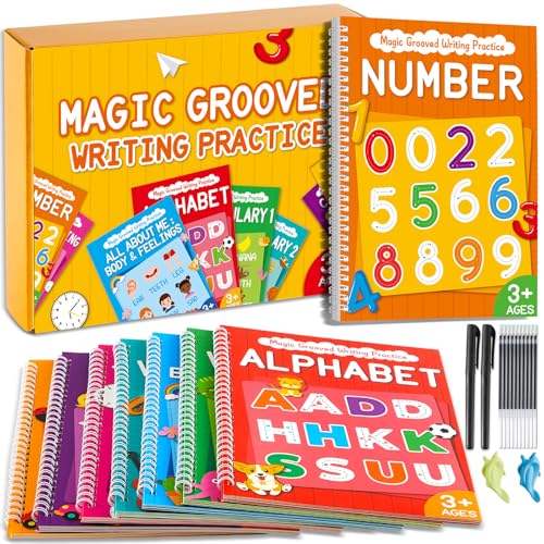 party greeting 8Pcs Magic Grooved Handwriting Practice Copybook Reusable Calligraphy Activity Books with Aid Pen Learn to Write Number Letter Tracing Workbook