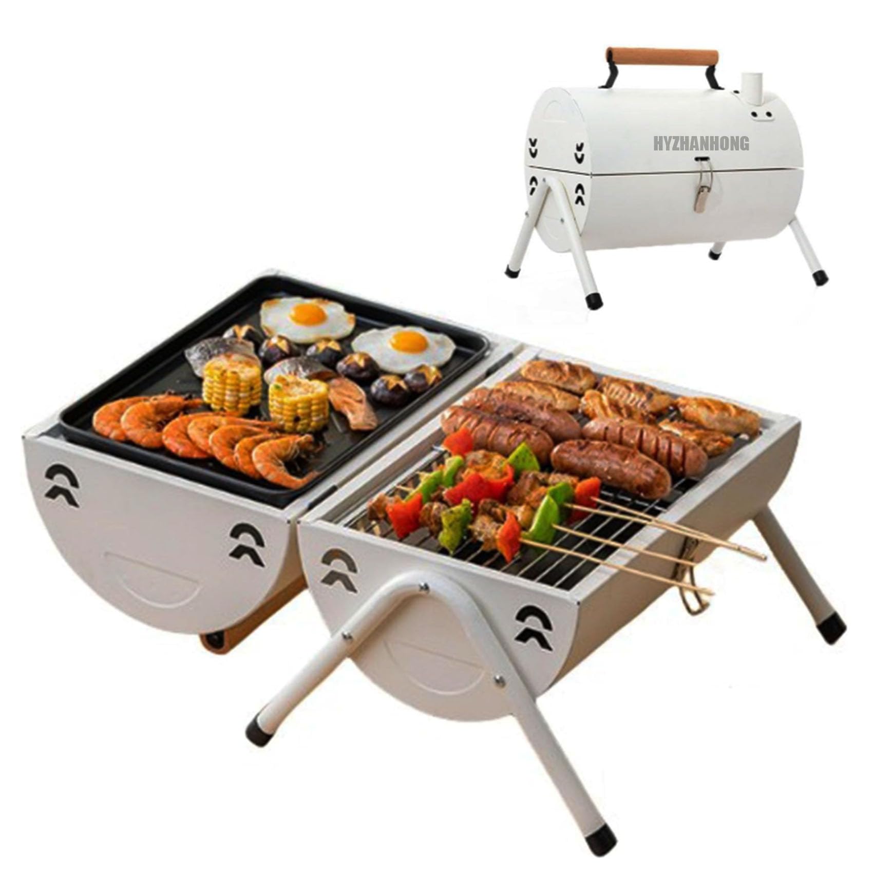 Parrilla compacta de doble cara blanca plegable para exteriores con mango resistente al calor para camping, viajes y cocina en el patio trasero, parrilla pequeña portátil para un uso fácil