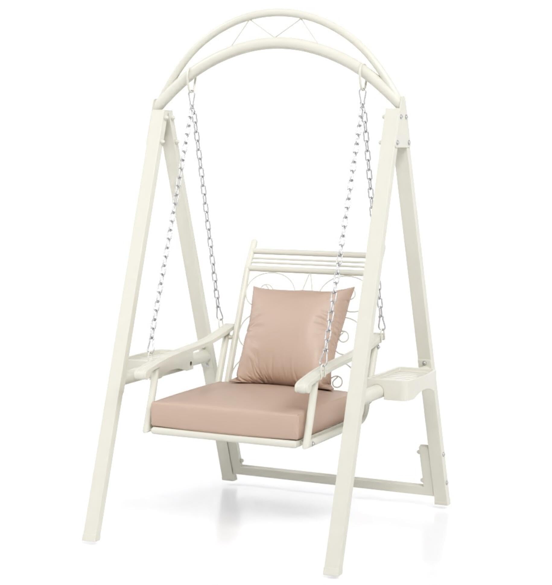 GOPLUS Columpio de Jardín para 1 Persona, Balancín Individual de Exterior con Mesitas Laterales y Techo Arquedado, Cojines Suaves, Altura Ajustable, Silla Colgante de Metal con Soporte (Blanco)