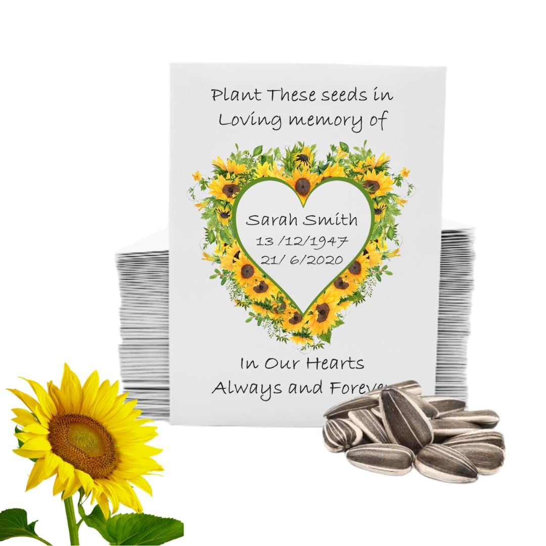 100 Funeral Sunflower Seed Packets – Personalised Remembrance Favour • Memorial Condolence Gifts for Guests • Celebration of Life Keepsake (Heart Design)
