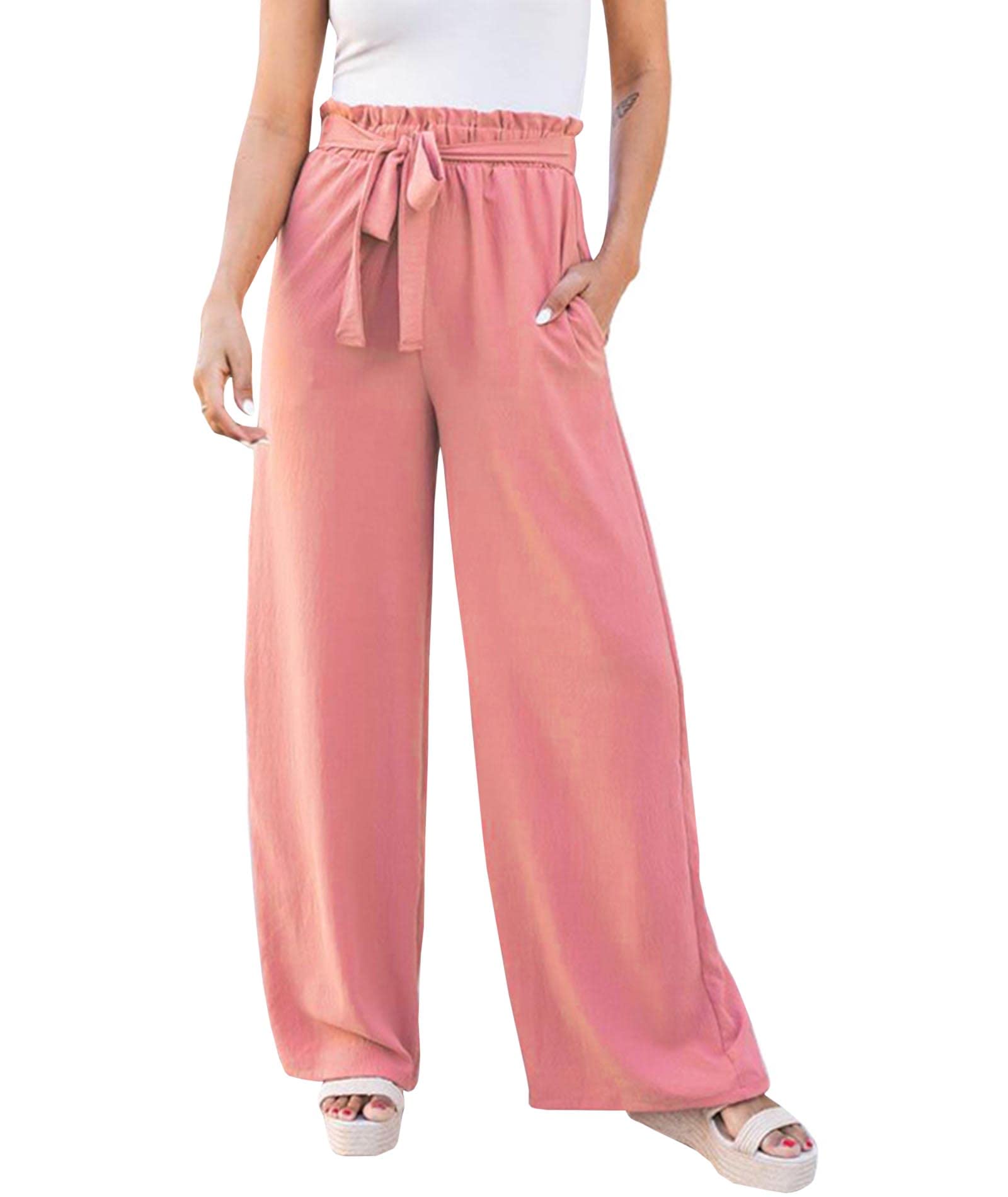 SOMTHRON Womens Paper Bag Belted Wide Leg Pants High Waist Casual Palazzo Flowy Beach Long Trousers