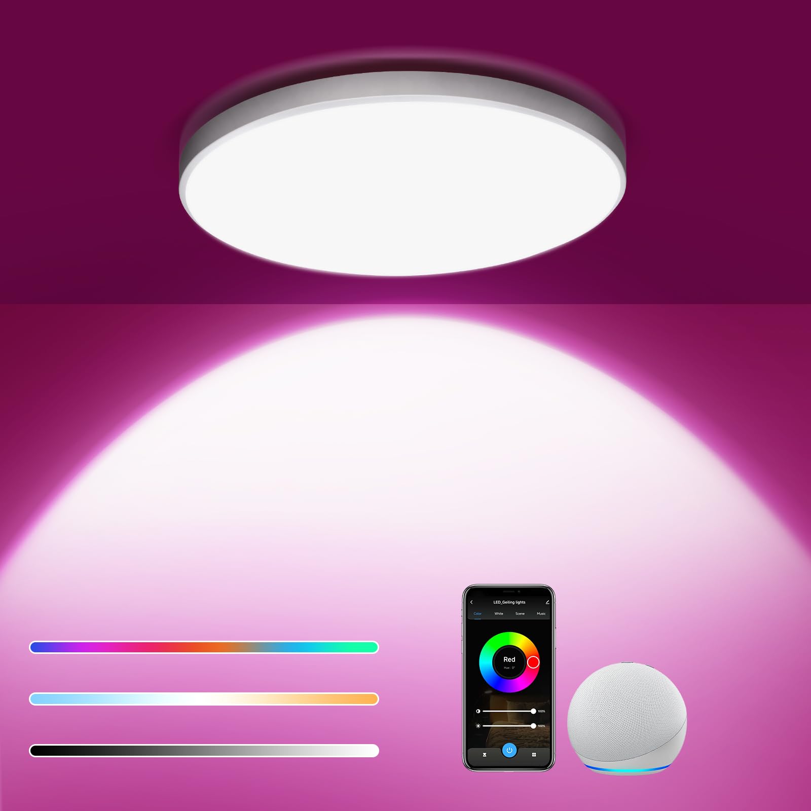 Euakee 24W Lampara Techo LED, Plafon LED Techo Redondo Regulable 3000K-6500K Lampara Techo Compatible con Alexa y Google Home, Control APP, para Dormitorio, Salon, Cocina, Pasillo