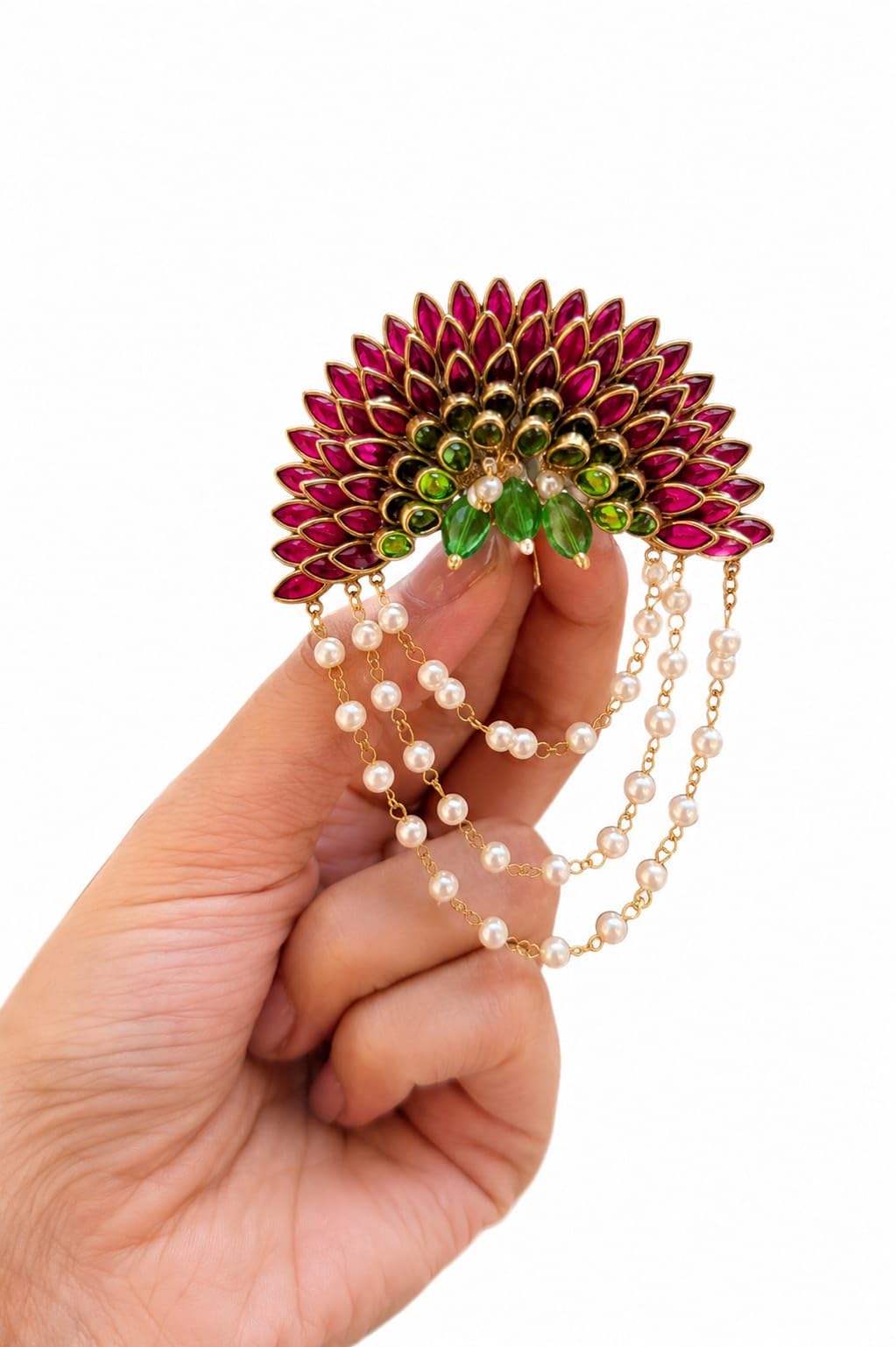 Floral Hair Clip with Pearl Chain Drape, Pink and Green Kundan Stone, Gold-Toned, Traditional Indian Style-image-18