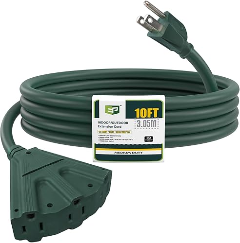 EP Cable de extensión para exteriores de 10 pies con 3 tomas de corriente eléctrica, cable verde duradero SJTW 163 con enchufe a tierra de 3 clavijas