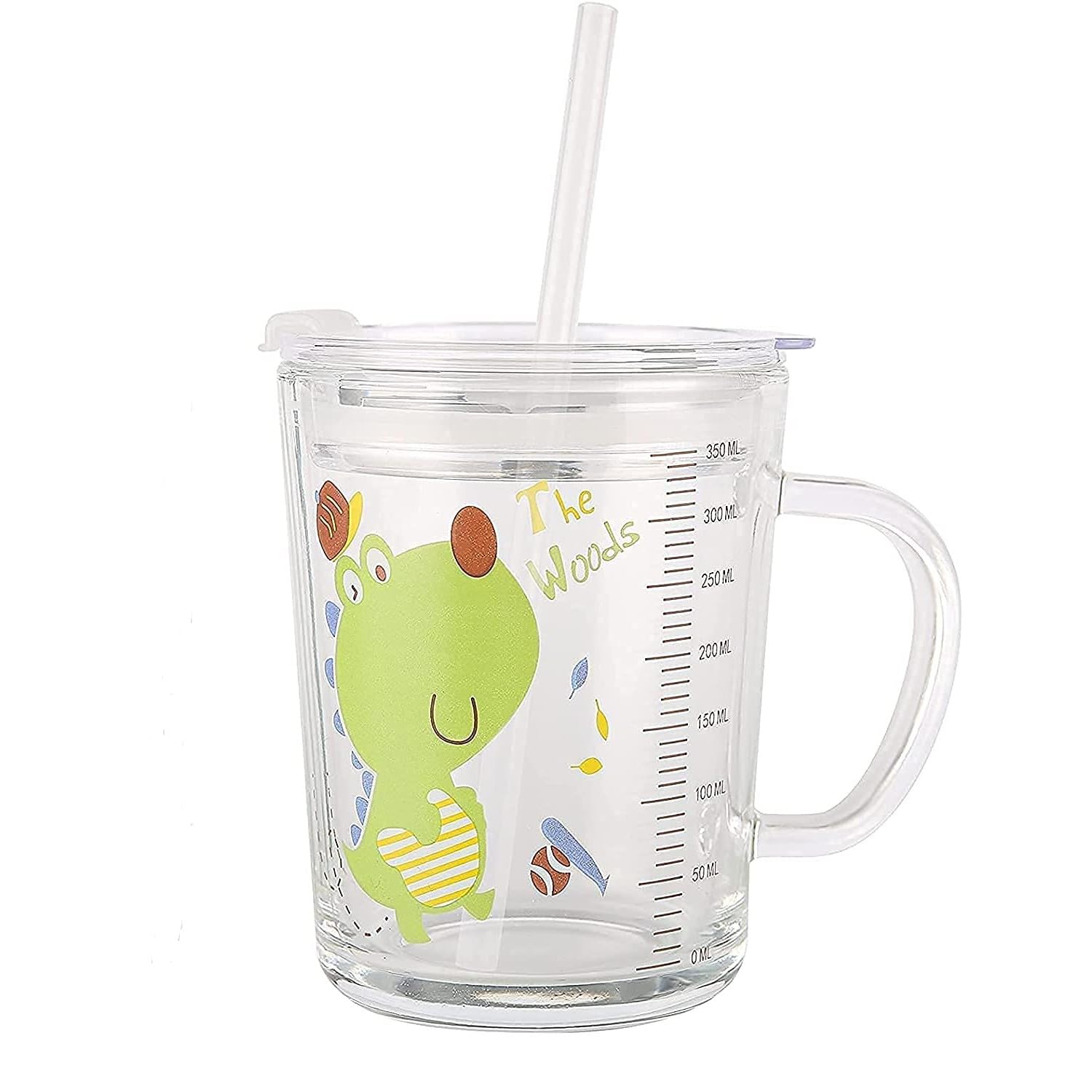 ROUMYKS Cartoon Print Milk Glass Cup for Kids with Handle, Spill Proof Lid & Reusable Silicone Straw, Heat Resistant Drinking Mug 350 ml for Milk Juice Water Beverages-image-5