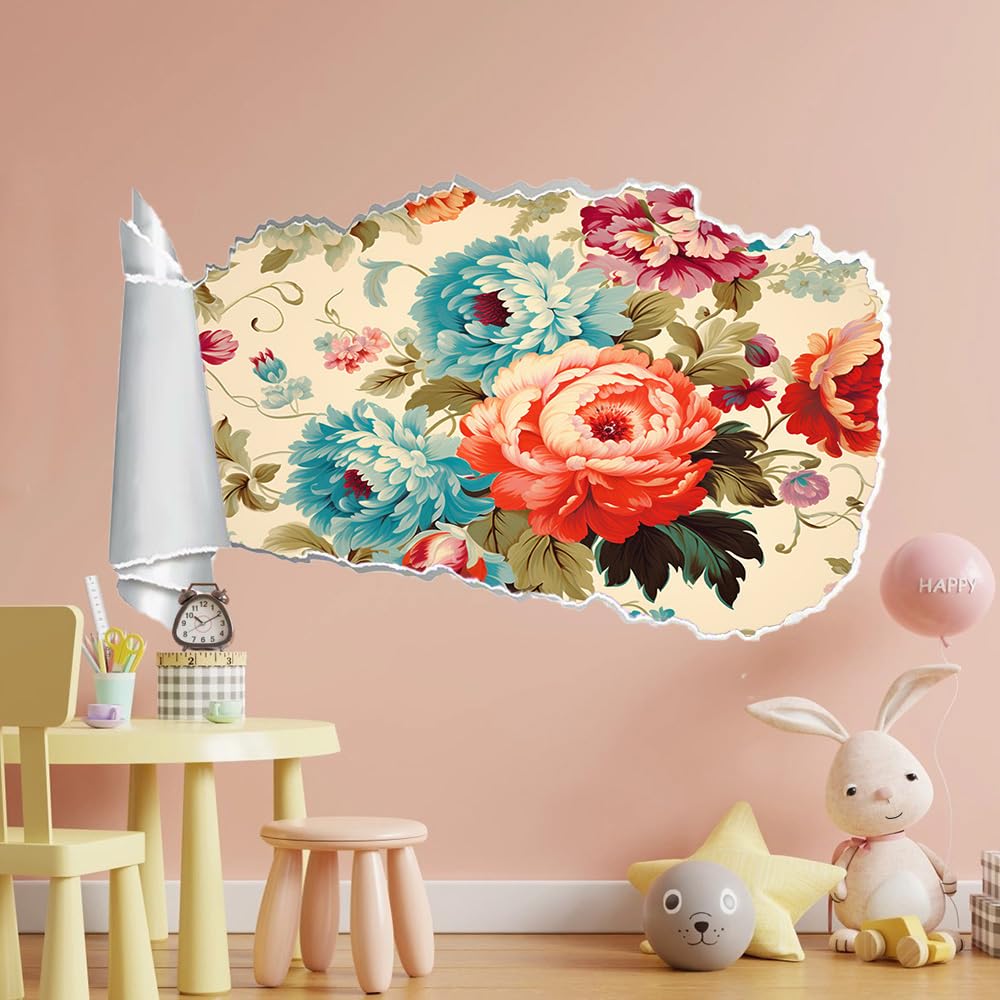 3D Wandaufkleber, Pfingstrose Durchbruch Wandtattoos Deko Wand Selbstklebend Natürliche Pflanzen, Wand Aufkleber Wanddurchbruch Wandsticker für Zuhause, Schlafzimmer, Wohnzimmer