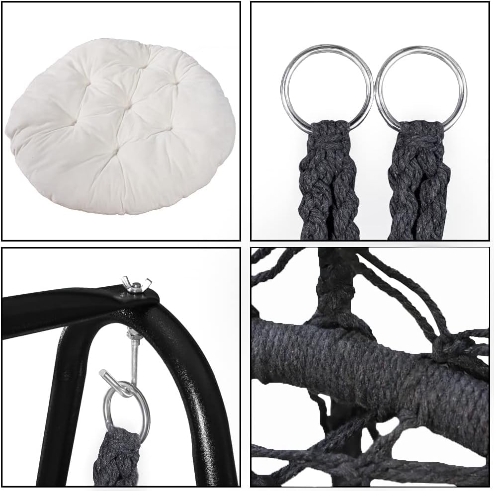 Image of Dolphy Hammock Chair | Stand with Backrest Hanging Swing Chair | Extended Macrame Hanging Cotton Rope Chair with a White Pillow for Adults, Kids | Indoor and Outdoor(Black)