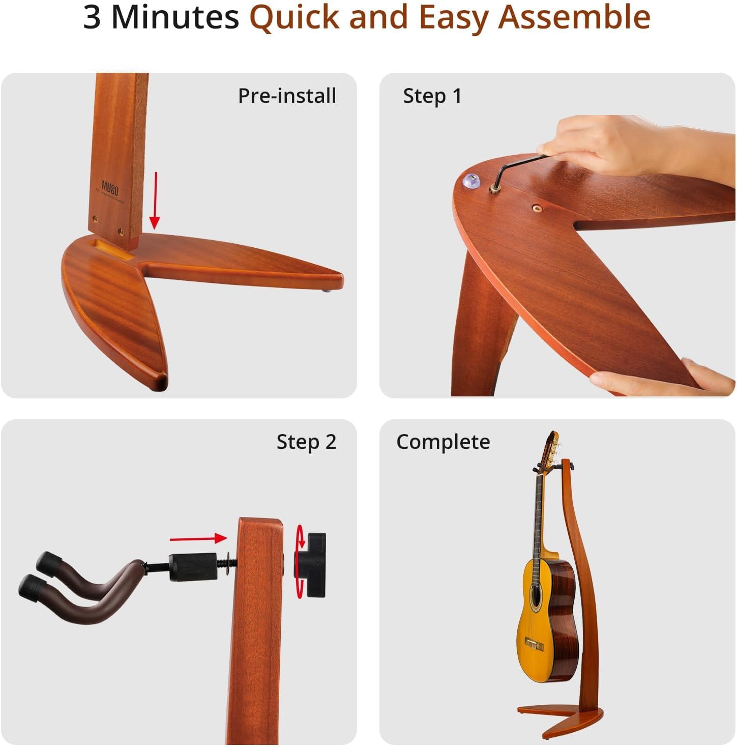 MUSO Guitar Bass Hanger Stand, Solid Wood Bow Holder Mermaid Shaped for Display and Storage, 42 inches Height Anti-scratched and Anti-bump, Deorate Studios, Living room and Stage (Sapele, 1)