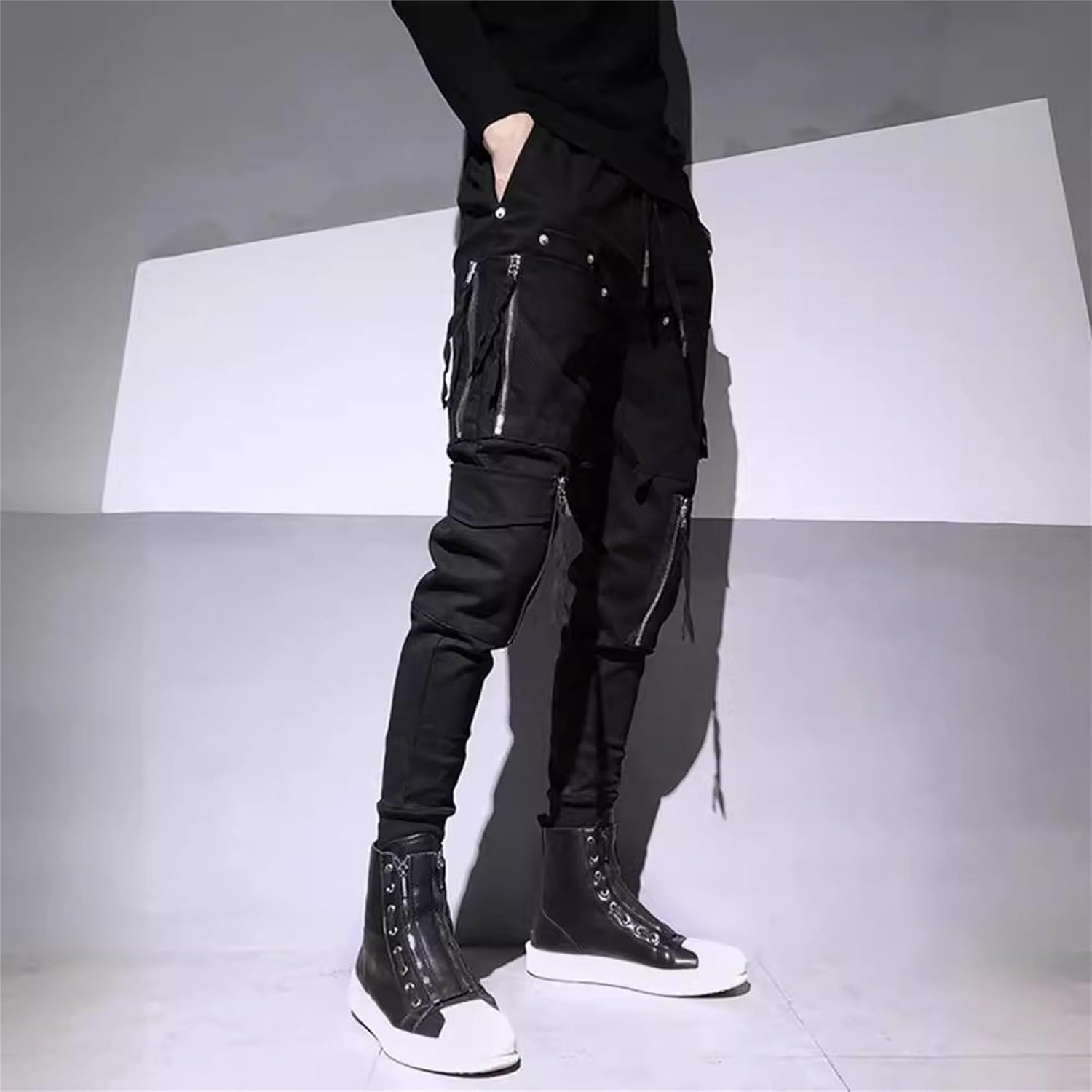 Mens Zipper Trim Functional Cargo Pants Slim Fit Black Tapered Pants Punk Rock Stylish Trouser