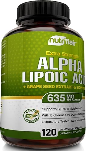 Miniatura 5 de NutriFlair Ácido alfa lipoico 600 mg, 120 cápsulas - con extracto de semilla de uva y pimienta negra BioPerine - Extra fuerte