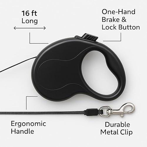 Miniatura 8 de Correa retráctil para perro de 16 pies, plástico duradero, metal y poliéster para perros pequeños a grandes, sistema de bloqueo suave y agarre