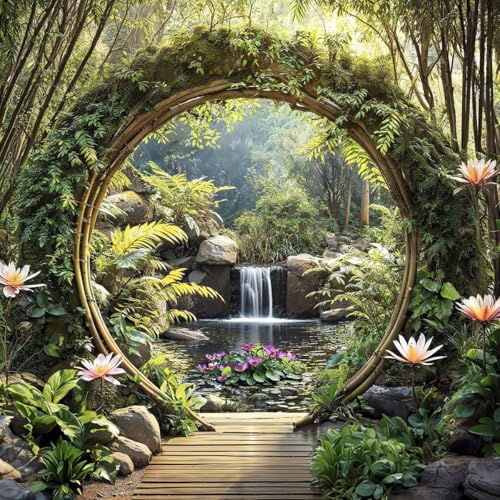 Tropical Moon Gate Waterfall Garden Mural, Tapestry & Curtain – Waterproof Outdoor Wall Hanging, Jungle Garden Wall Art & Exotic Fence Decor W180cm x H180cm W70.87 inches x H70.87 inches