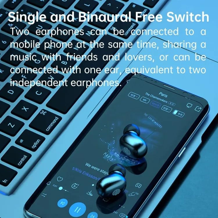 Image showing earbuds on a keyboard next to a smartphone playing music, illustrating single and binaural switch