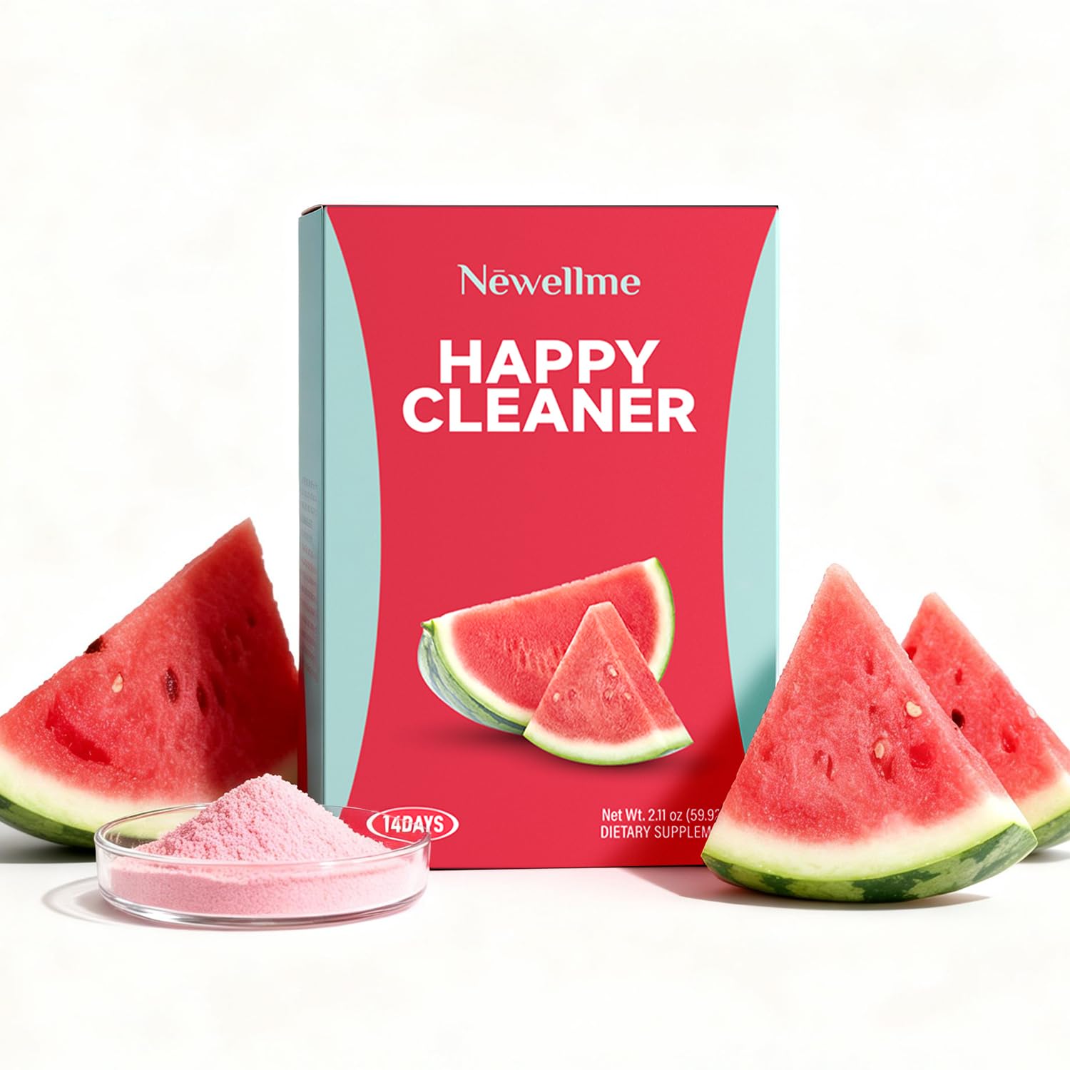 NEWELLME Happy Cleaner Super Greens Powder – Sugar-Free Watermelon Drink Mix with Chlorella & Spirulina, Vegan, Non-GMO, 14 Packets