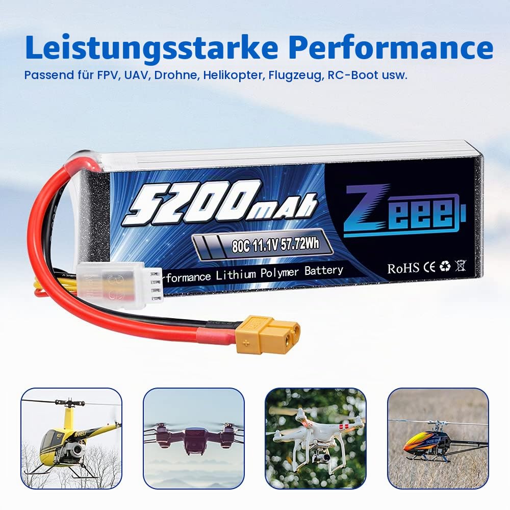 Zeee 3S LiPo Akku 5200mAh 11,1V 80C mit XT60 Steck(2 Packungen) | RC Batterie für RC Auto, RC Flugzeug, RC Hubschrauber, RC Hobby