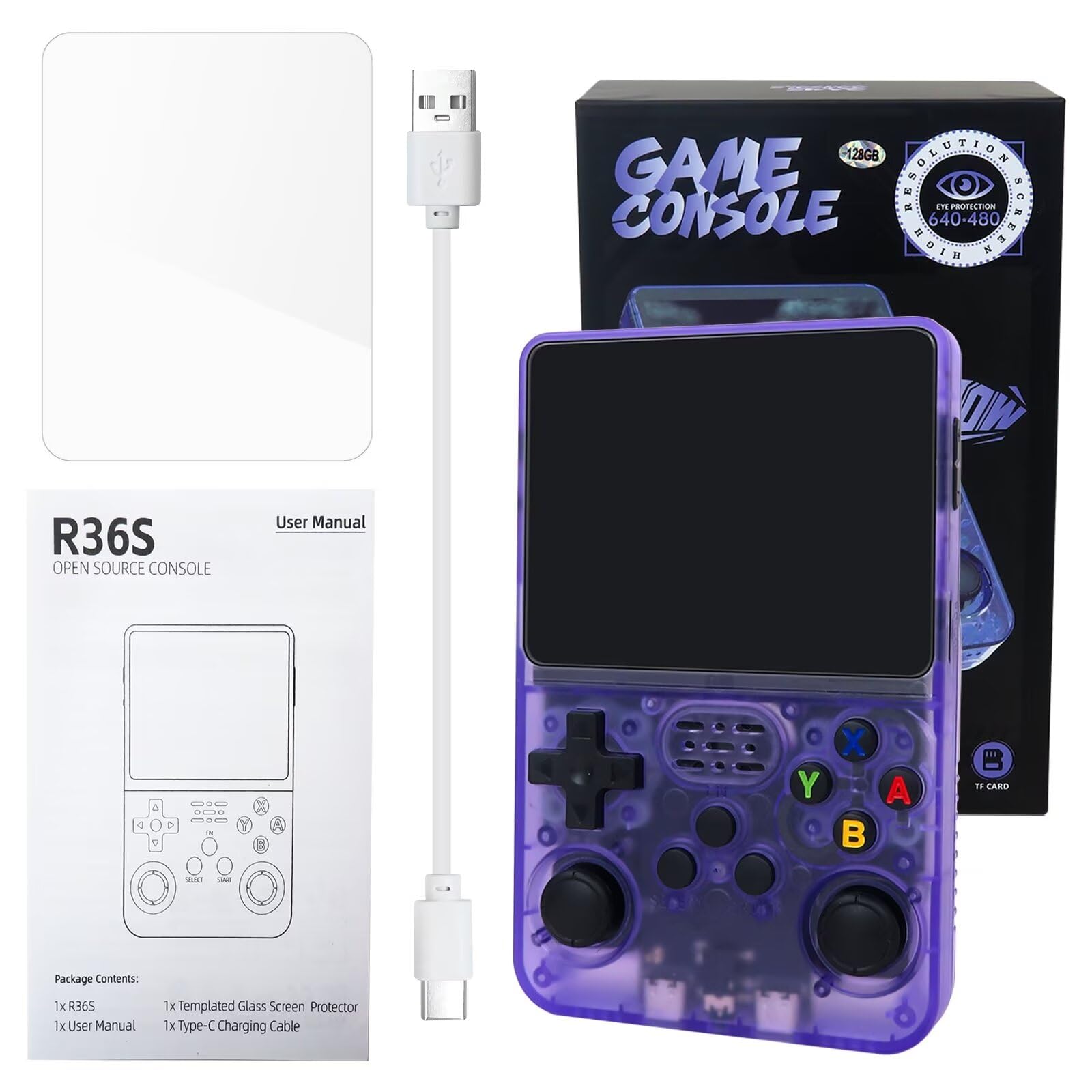 USonline911 R36S Retro Handheld Video Game Console 128GB Linux System 3.5'' IPS Screen 15,000 Games Portable (Purple)
