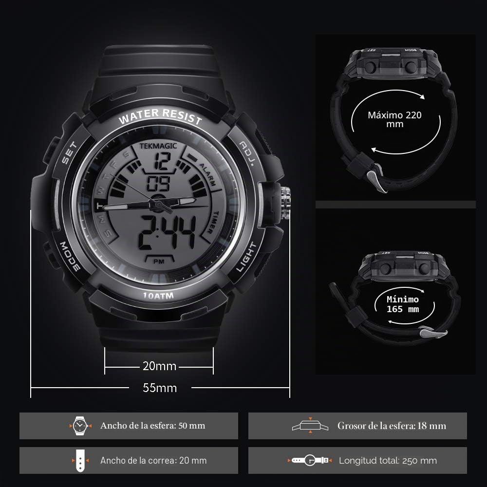 10 ATM Submarino Luminoso Reloj de Buceo Deportivo con Alarma y Funciones de Cronómetro Sumergible, Soporte la Visión de Doble Zona Horaria, Movimientos Digitales y Analógicos, Formato de 12/24 Horas