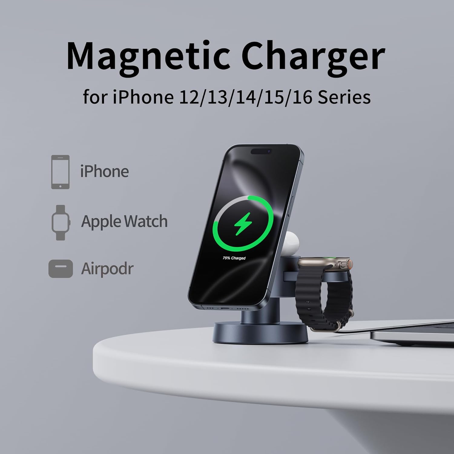 4 in 1 Magnetic Wireless Charging Station,15W Fast Charging with Adjustable Night Light for MagSafe Charger Stand,3 in 1 Wireless Charger for iPhone 17/16/15/14/13 Pro Max,Apple Watch & AirPods - Image 3