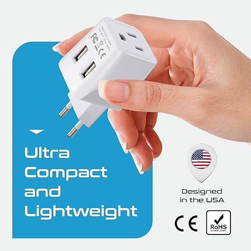 Vista 77 de Ceptics Juego de 2 adaptadores de viaje para Italia, Europa, con 2 entradas USB + enchufe de EE. UU., tipo L y tipo C, ultra compacto, conexión a