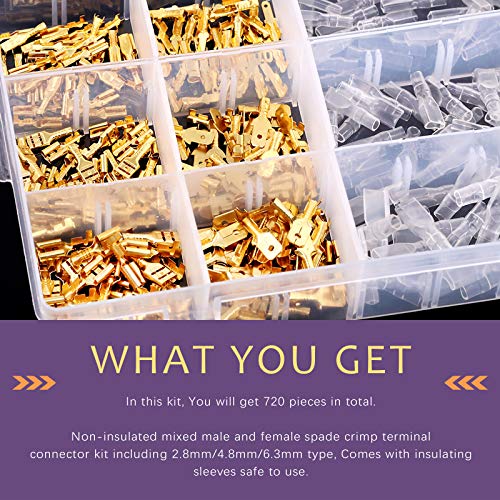 Swpeet 720Pcs Gold 2.8/4.8/6.3Mm Male And Female Spade Quick Connectors Wire Crimp Terminal Block With Insulating Sleeve Assortment Kit Perfect For Electrical Wiring Car Audio Speaker #TOP5