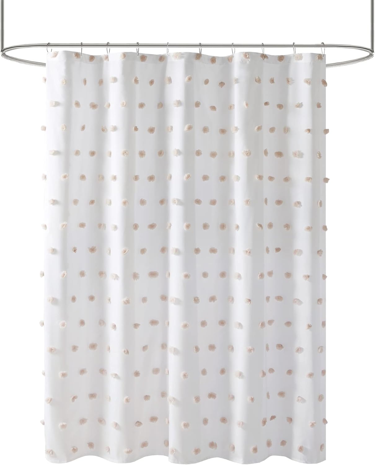 White Polyester Shower Curtain with Blush Pom Poms