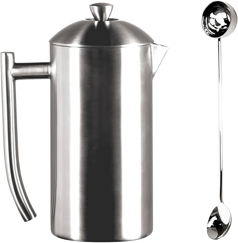 Frieling Cafetera de prensa francesa de acero inoxidable de doble pared, cepillada, 44 onzas más cucharaagitador de café de acero inoxidable 1810, 2