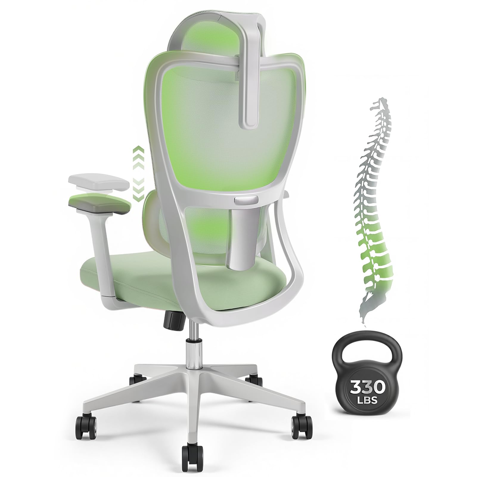Warmiehomy Ergonomic Mesh Office Chair, 155° Tilt Lock Comfy Office Chair with Adjustable Lumbar Support & 4D Armrests, Breathable Computer Chairs & Gaming Chair for Adults Home Office, Green