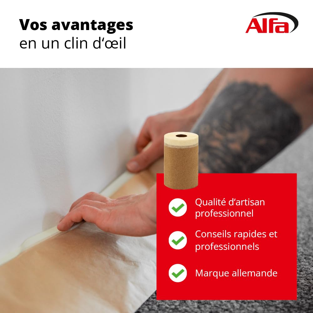 Alfa Papier de masquage adhésif – Ruban crêpe 300 mm x 25 m – 10 pièces | Protection en papier kraft recyclé 35g/m2, bords nets, résistant à 60 °C, se déchire à la main, idéal plinthes et fenêtres.