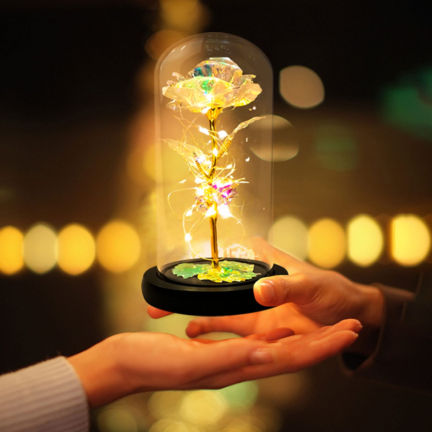 MARCHIORIRomantic Rose for Women, Rose in a Glass Dome with LED Light, Unique Gifts for Women, Glass Dome Crystal Galaxy Rose Home/Office or Home Decorations, Gift for Wife Women Mother