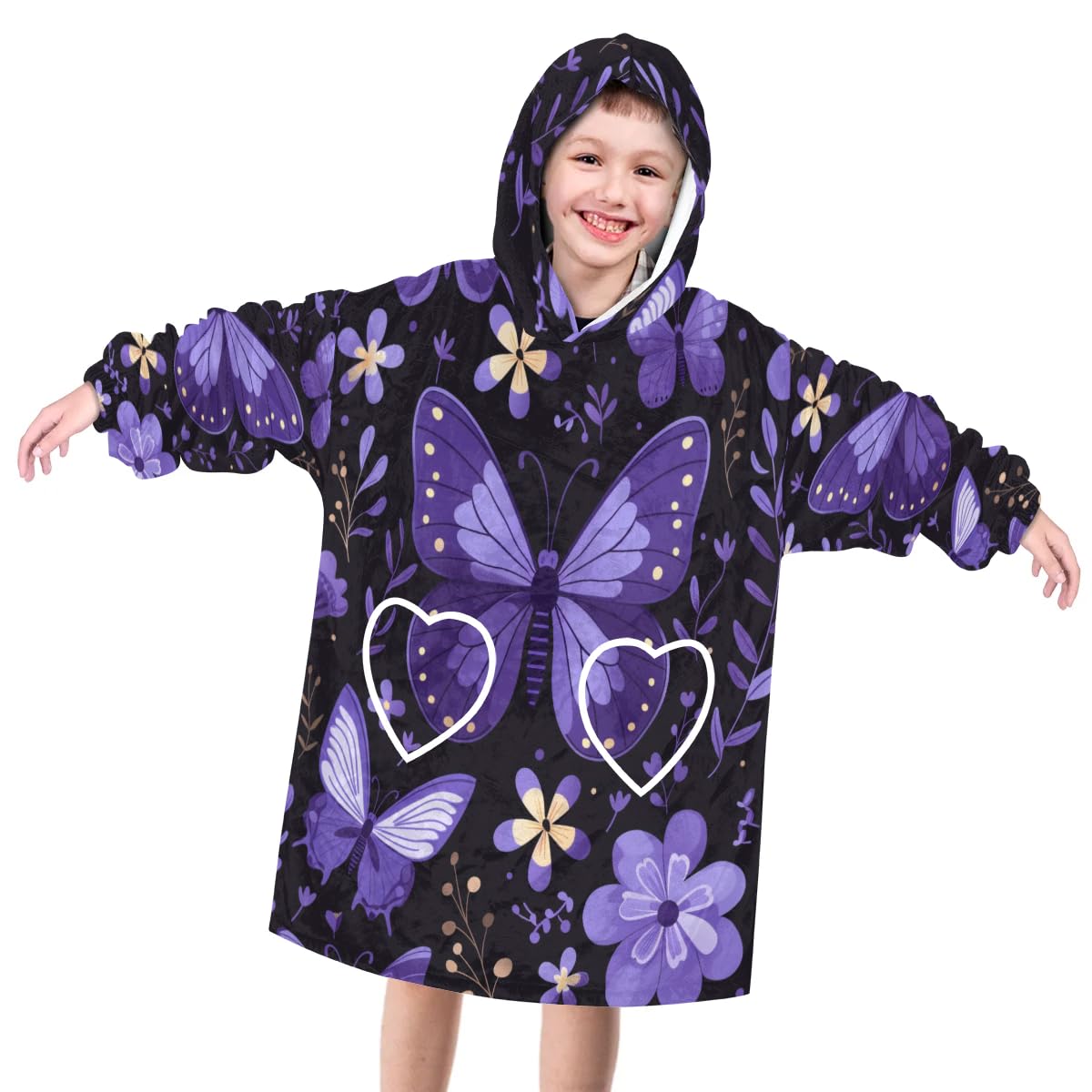 Wearable Blanket Hoodie for Kids, Docile butterfly Fleece Sweatshirt Blanket Oversized Blanket Sweatshirt with Pocket Flannel Warm Hooded Blanket 6-10 Year Old Girl Boy Gift, One Size