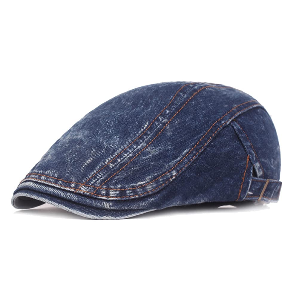 Quanhaigou Men's Cotton Flat Ivy Gatsby Newsboy Driving Hat Adjustable Irish Cabbie Ivy Driving Hunting Cap (Washed Blue Denim)