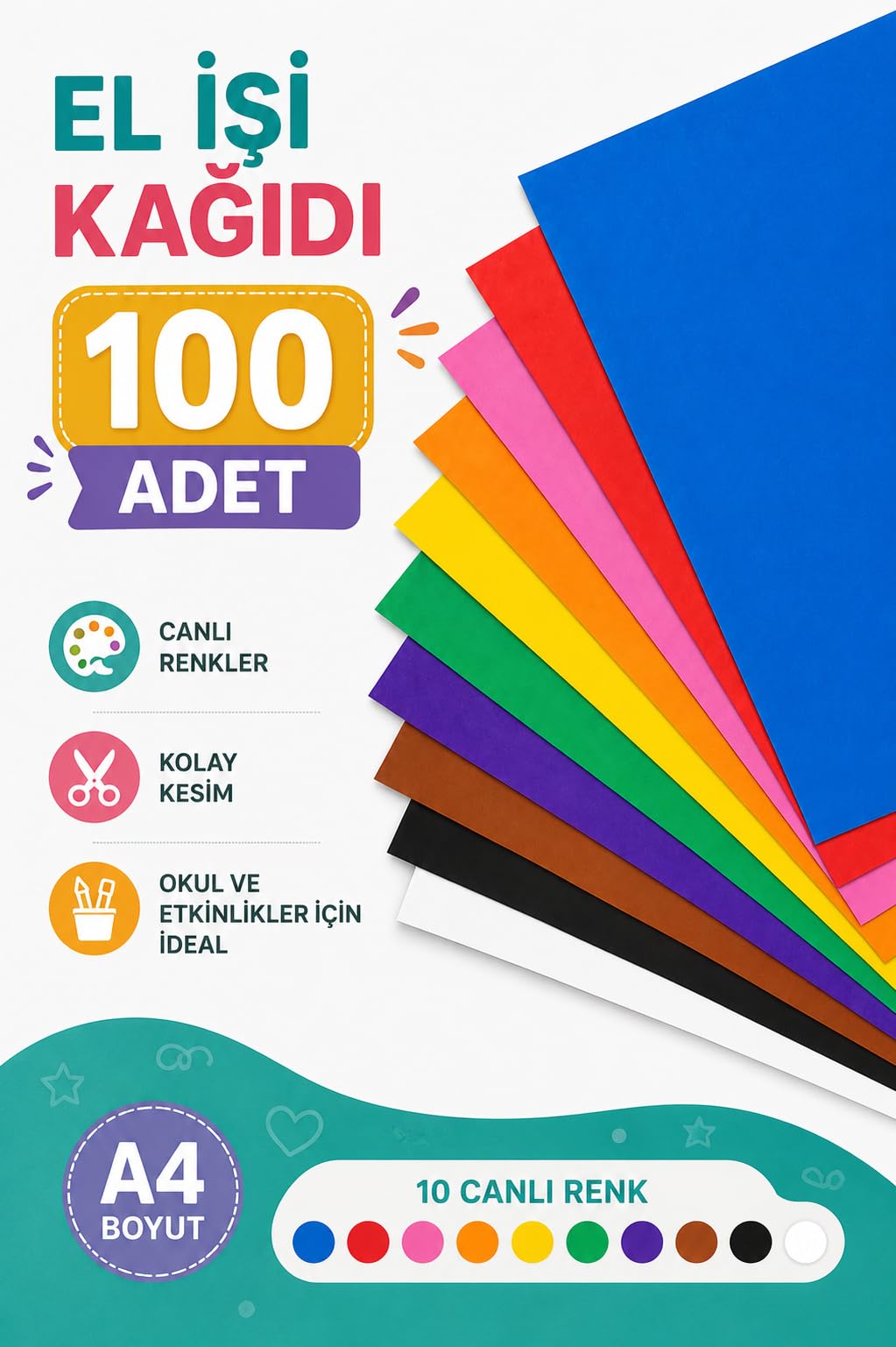 100 ADET A4 Elişi Kağıdı Karışık Renk