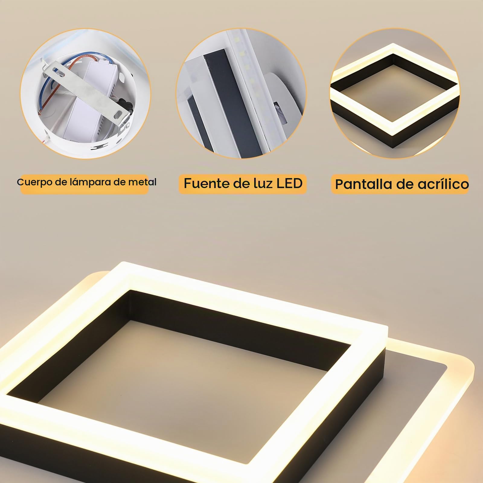Plafon Led Techo, 30W Moderna Cuadrada Lámpara de Techo LED, | Luz de Techo Negro de Acrílico para Salon Dormitorio Cocina Pasillo, Blanco Cálido 3000K