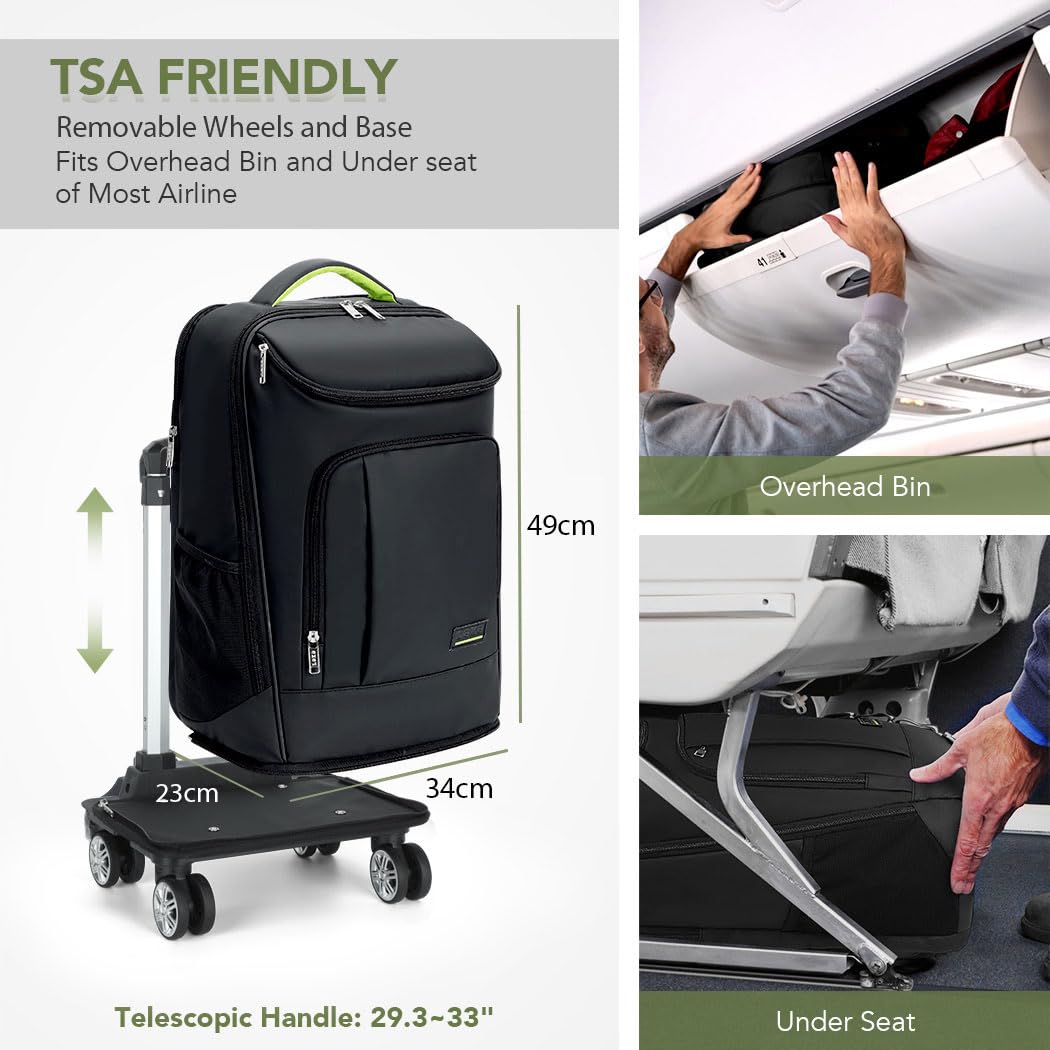 Sac à dos à roulettes en cuir avec roulettes amovibles - Sac à dos étanche pour ordinateur portable de 17,3 pouces - Bagage à main en avion - Sac à dos à roulettes pour homme, Noir , xl