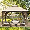 Domi 10' x 13' Outdoor Canopy with Mosquito Netting, Double Roof Soft Top Gazebo Pergola, Metal Frame Patio Shelter for Deck, Backyard, Garden, and Lawn