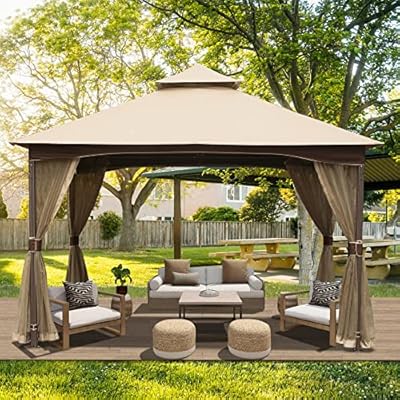 Domi 10' x 13' Outdoor Canopy with Mosquito Netting, Double Roof Soft Top Gazebo Pergola, Metal Frame Patio Shelter for Deck, Backyard, Garden, and Lawn
