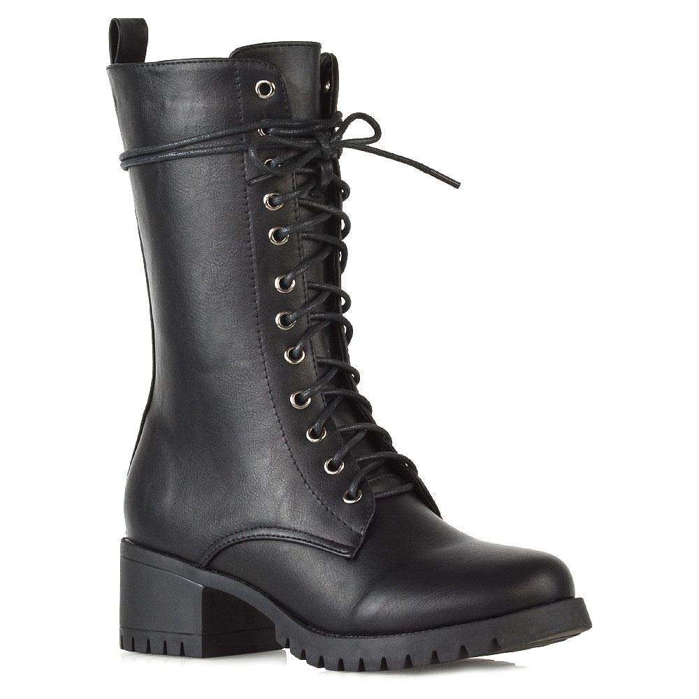Essex Glam Womens Lace Up Boots Military Chunky Sole Zip