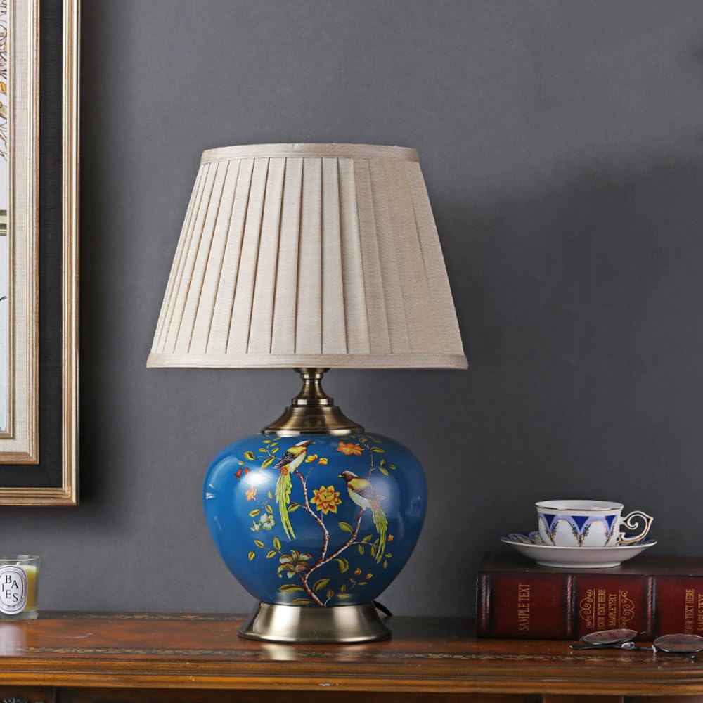 SANBDDLYY Charming Blue Ceramic Table Lamp Floral Design - Retro Mid Century Nightstand for Bedroom, Living Room, and Office(Blue,Linen Shade)