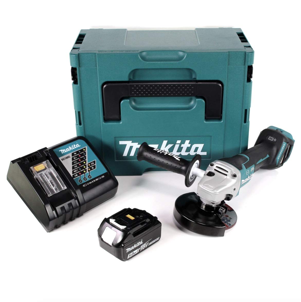 Makita DGA 517 RT1J akumulatorowa szlifierka kątowa 18V 125 mm + 1x akumulator 5,0Ah + ładowarka + skrzynka transportowa Makpac 3