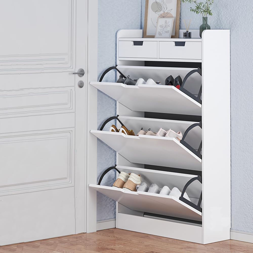 Narrow Organizer, with 3 Flip Out Drawers - Space-Saving Freestanding Shoe Rack for Hallway and Living Room - Small Door Storage