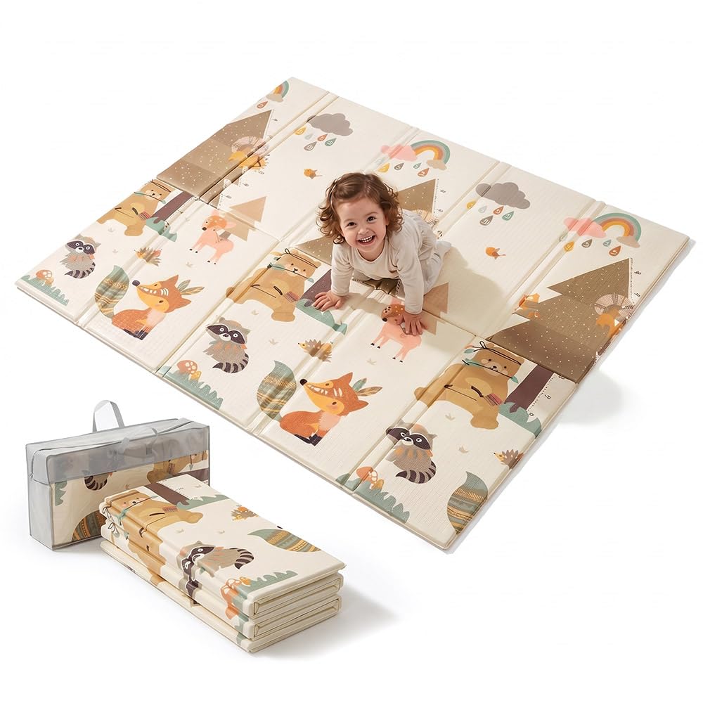 PlayPals Krabbelmatte für Babys, Baby Spielmatte, Krabbeldecke Baby, 2 cm Dicke Spielmatte, Beidseitig Verwendbar, Faltbar, Wasserdicht, Rutschfest, 200x180 cm, mit Aufbewahrungstasche, Wald | Krabbeldecke Extra Groß und Dick, Faltbar, Wasserdicht, Rutsch