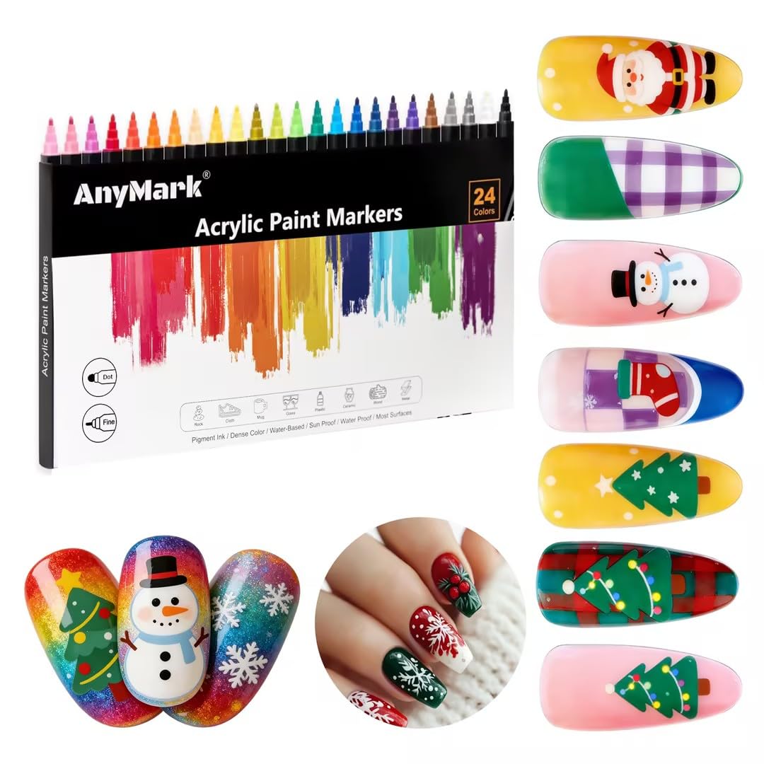 AnyMark 24 Colors Nail Art Pens Set, 3D Quick-Drying Nail Polish Pens, Dual-Tip Nail Art Markers Acrylic Paint Markers for DIY Nail Art Design Drawing Painting