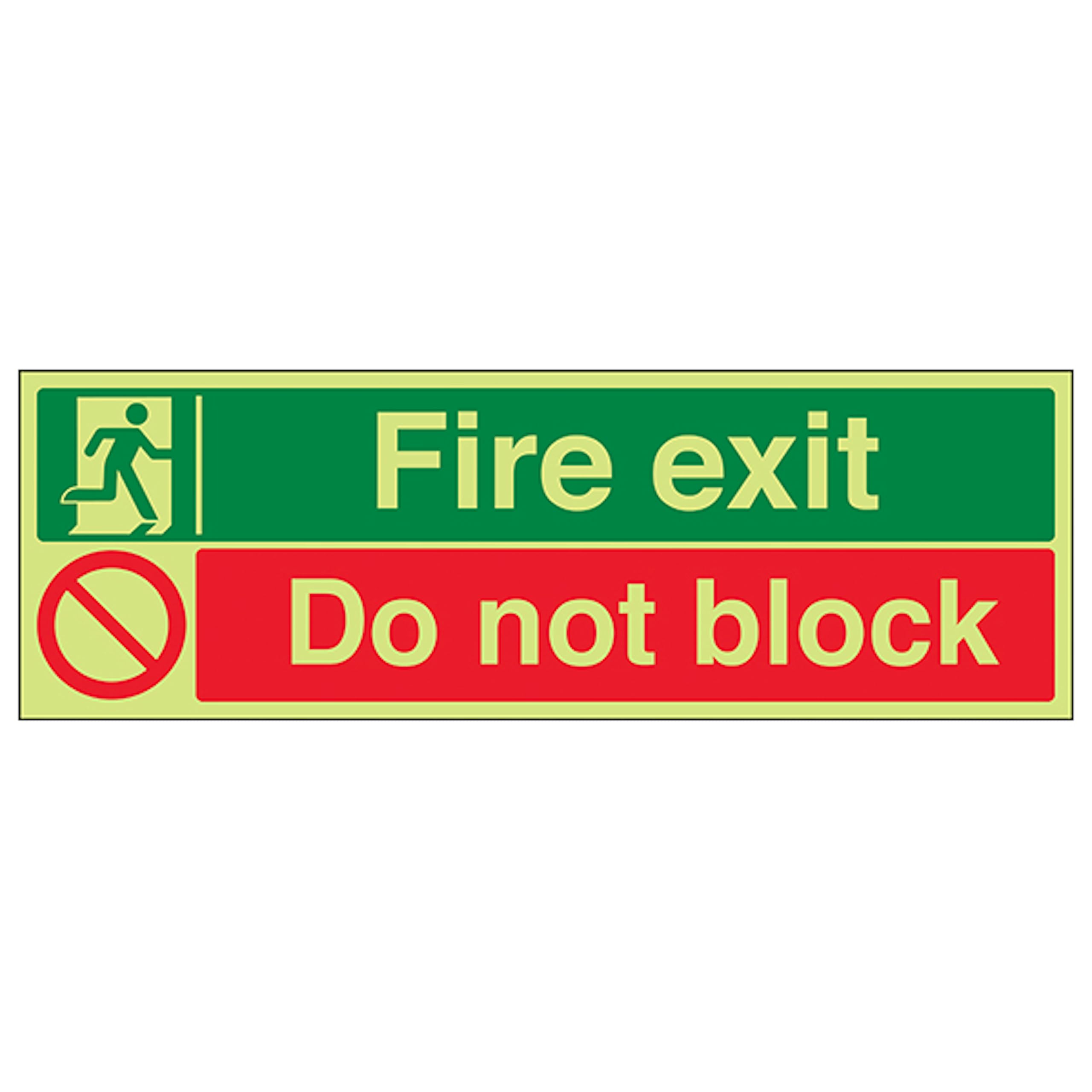 V Safety GITD Fire Exit/Do Not Block 300 x 100 mm - Glow In The Dark 1mm Rigid Plastic Safety Sign