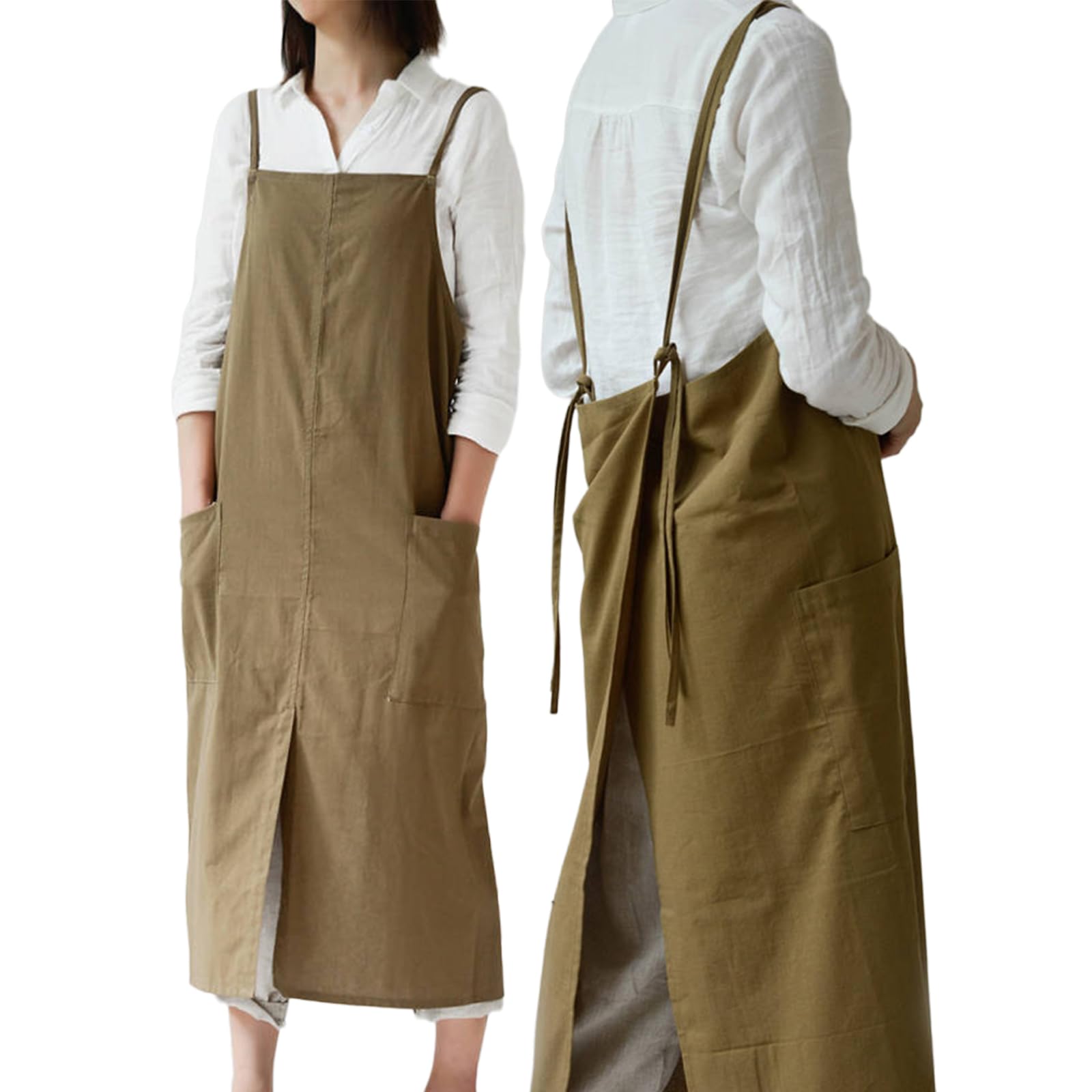 Impermeable Delantal De Algodón Pierna Dividida con Bolsillos Japón Estilo Delantales Cocina Pintura Horneando Trajes De Trabajo para Mujeres Cocinar Y Jardineria Green,One Size