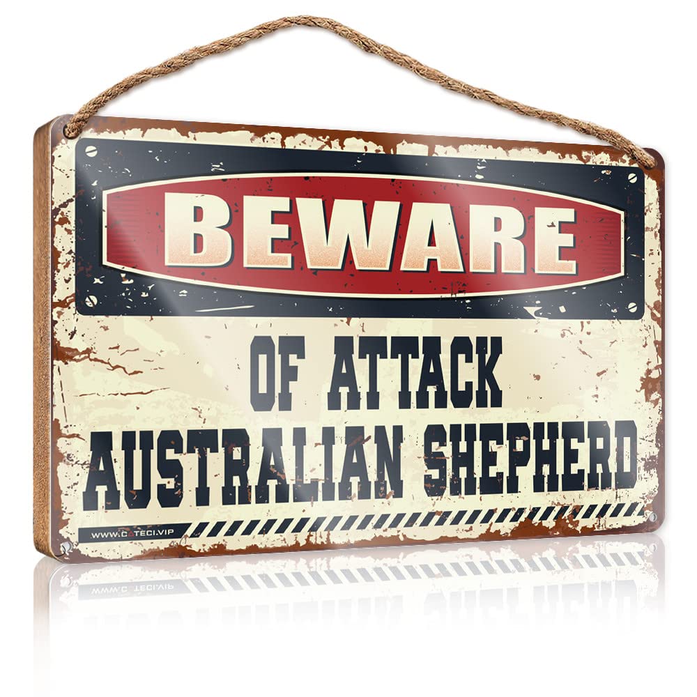 FZFN Decor Signs Beware Of Attack Australian Shepherd Wooden Sign Wood Plaque Sign Front Decorative Wooden Sign(20X30CM)