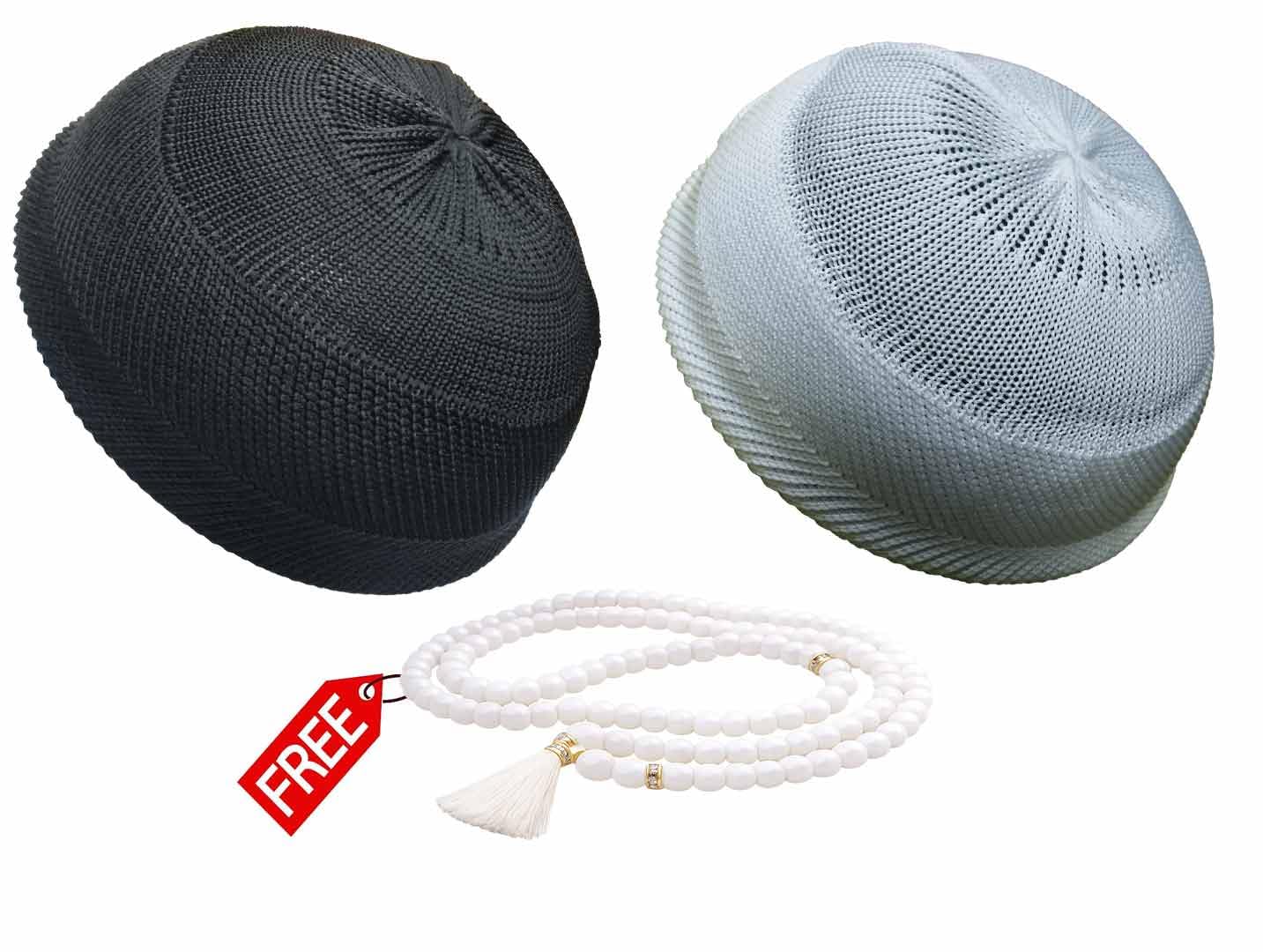 Pure Cotton Turkish Quality Muslim Prayer Caps for Man, Islamic Namaz Topi Pack of 2 Namazi Caps (Black & White) Free 1 Tasbih-picture-21