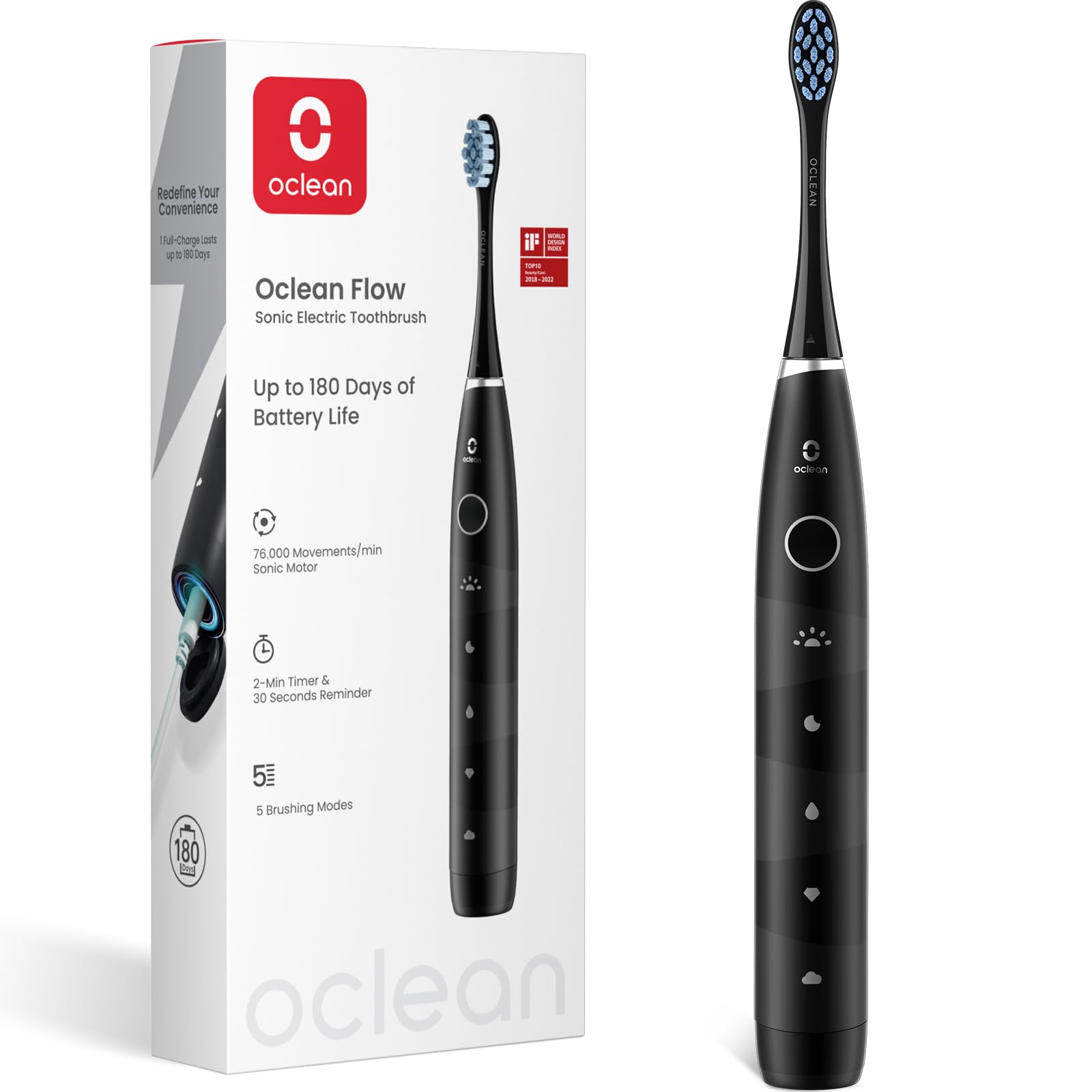 Oclean Spazzolino elettrico sonico Flow, Ricarica ogni 180 giorni, 5 Modalità, Impermeabile IPX7, Timer da 2 minuti, Nero Flow Nero