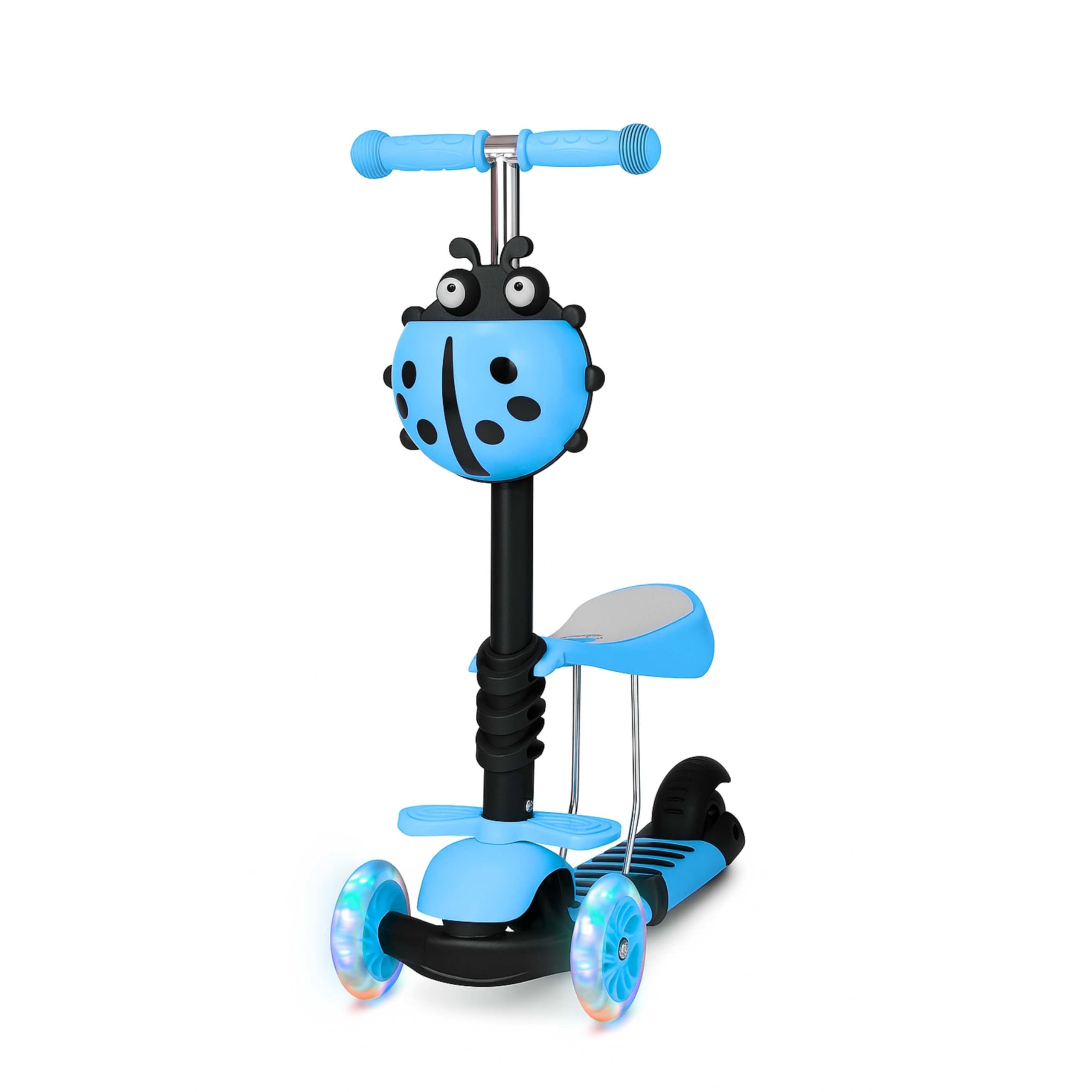 ADEPTNA 3-in-1 Kids Scooter with Removable Seat Adjustable Handlebar, LED Flashing Wheels, & Anti-Slip Pedal Lean-to-Steer Kick Scooter Toddlers Girls Ages 2-11 Years Sturdy 3-Wheel Design (BLUE)