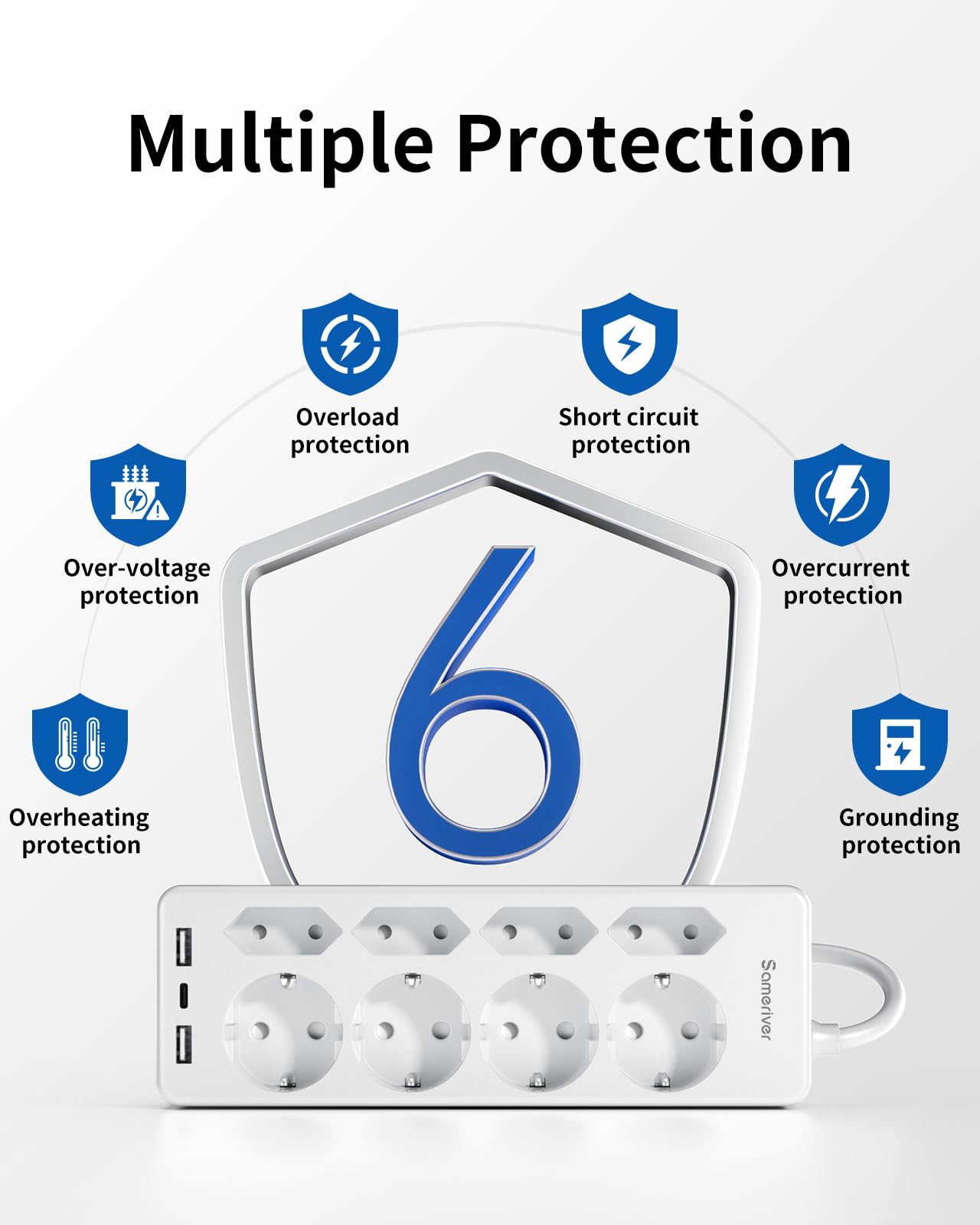 Ciabatta Elettrica Multipresa USB, 8 prese di Corrente e 3 USB, Striscia di Alimentazione Protetta da Sovratensione, presa di da 3 M con Interruttore per Scrivania, Ufficio, Casa, Bianca F(Schuko)